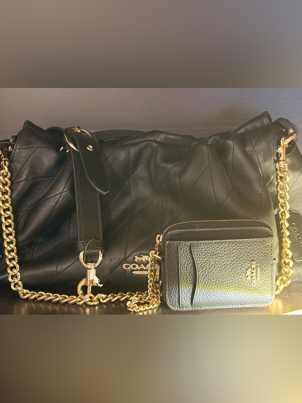 Large Coach Black Quilted Leather Shoulder Bag with Gold Chain and Coin Pouch